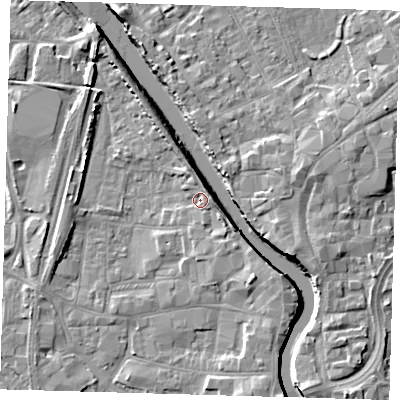 Shaded relief map of the ground around PE218SE, computed from Environment Agency LiDAR. The ground here sits at about 4 m above sea level and falls 7 m across the surrounding 800 m. Surface water reaching this point runs off ground lying to the south-east, 3.2 m higher.