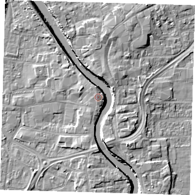 Shaded relief map of the ground around PE218SH, computed from Environment Agency LiDAR. The ground here sits at about 6 m above sea level and falls 7 m across the surrounding 800 m. Surface water reaching this point runs off ground lying to the north, 1.3 m higher.