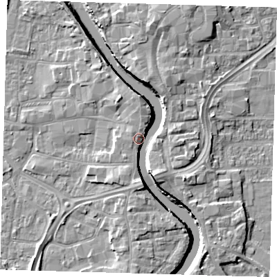 Shaded relief map of the ground around PE218SP, computed from Environment Agency LiDAR. The ground here sits at about 5 m above sea level and falls 7 m across the surrounding 800 m. Surface water reaching this point runs off ground lying to the south, 6.5 m higher.