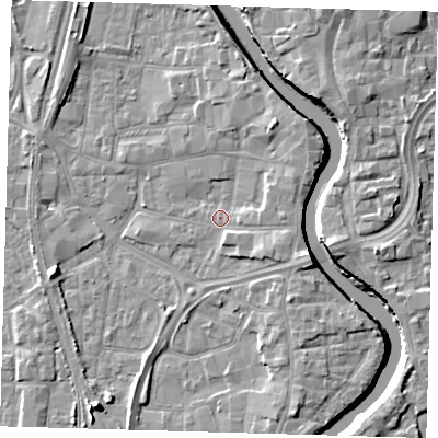 Shaded relief map of the ground around PE218SS, computed from Environment Agency LiDAR. The ground here sits at about 4 m above sea level and falls 8 m across the surrounding 800 m. Surface water reaching this point runs off ground lying to the north-east, 3.1 m higher.