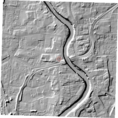 Shaded relief map of the ground around PE218ST, computed from Environment Agency LiDAR. The ground here sits at about 6 m above sea level and falls 10 m across the surrounding 800 m. Surface water reaching this point runs off ground lying to the south-east, 1.0 m higher.