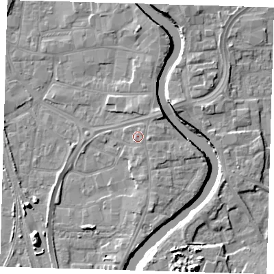 Shaded relief map of the ground around PE218SX, computed from Environment Agency LiDAR. The ground here sits at about 5 m above sea level and falls 11 m across the surrounding 800 m. Surface water reaching this point runs off ground lying to the north-east, 1.5 m higher.