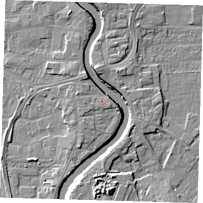 Shaded relief map of the ground around PE218SZ, computed from Environment Agency LiDAR. The ground here sits at about 6 m above sea level and falls 10 m across the surrounding 800 m. Surface water reaching this point runs off ground lying to the west-north-west, 1.5 m higher.