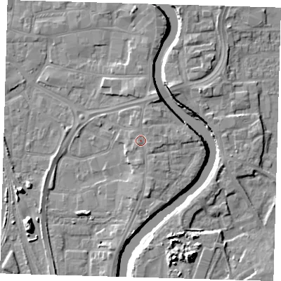 Shaded relief map of the ground around PE218TA, computed from Environment Agency LiDAR. The ground here sits at about 5 m above sea level and falls 11 m across the surrounding 800 m. Surface water reaching this point runs off ground lying to the north-east, 0.9 m higher.