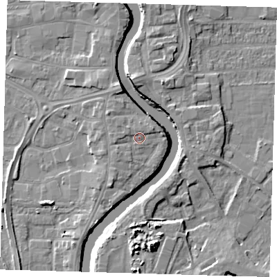 Shaded relief map of the ground around PE218TB, computed from Environment Agency LiDAR. The ground here sits at about 5 m above sea level and falls 10 m across the surrounding 800 m. Surface water reaching this point runs off ground lying to the north-west, 1.2 m higher.