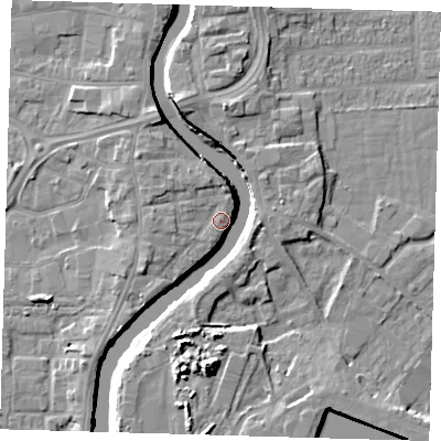 Shaded relief map of the ground around PE218TE, computed from Environment Agency LiDAR. The ground here sits at about 5 m above sea level and falls 10 m across the surrounding 800 m. Surface water reaching this point runs off ground lying to the west-south-west, 6.6 m higher.