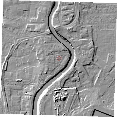 Shaded relief map of the ground around PE218TF, computed from Environment Agency LiDAR. The ground here sits at about 5 m above sea level and falls 10 m across the surrounding 800 m. Surface water reaching this point runs off ground lying to the north-west, 1.5 m higher.