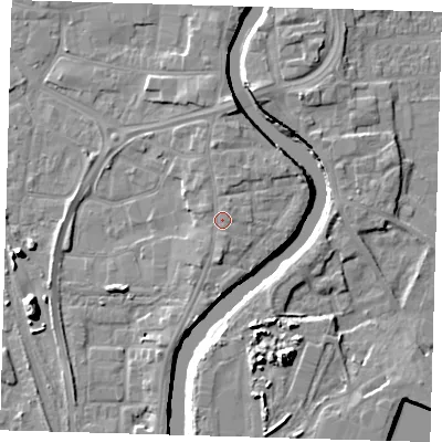 Shaded relief map of the ground around PE218TG, computed from Environment Agency LiDAR. The ground here sits at about 6 m above sea level and falls 11 m across the surrounding 800 m. Surface water reaching this point runs off ground lying to the north-north-east, 0.6 m higher.