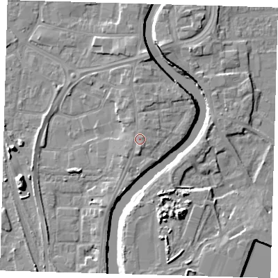 Shaded relief map of the ground around PE218TH, computed from Environment Agency LiDAR. The ground here sits at about 6 m above sea level and falls 11 m across the surrounding 800 m. Surface water reaching this point runs off ground lying to the north-east, 0.5 m higher.