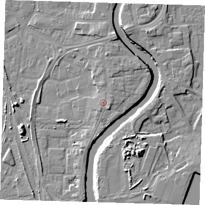 Shaded relief map of the ground around PE218TJ, computed from Environment Agency LiDAR. The ground here sits at about 6 m above sea level and falls 11 m across the surrounding 800 m. Surface water reaching this point runs off ground lying to the east, 1.0 m higher.