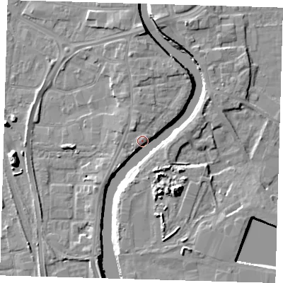 Shaded relief map of the ground around PE218TL, computed from Environment Agency LiDAR. The ground here sits at about 5 m above sea level and falls 11 m across the surrounding 800 m. Surface water reaching this point runs off ground lying to the south-south-west, 6.5 m higher.