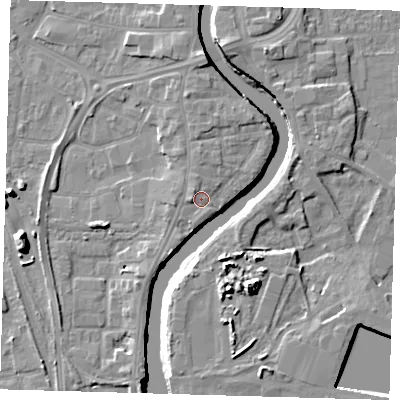 Shaded relief map of the ground around PE218TN, computed from Environment Agency LiDAR. The ground here sits at about 5 m above sea level and falls 11 m across the surrounding 800 m. Surface water reaching this point runs off ground lying to the west, 1.5 m higher.
