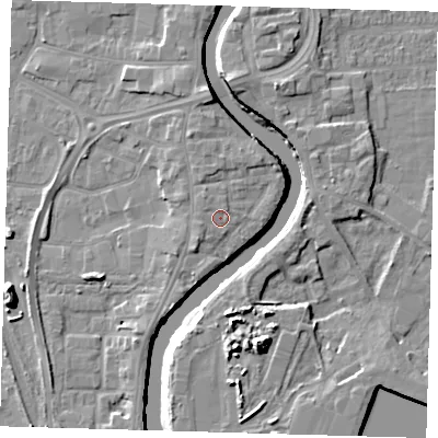 Shaded relief map of the ground around PE218TP, computed from Environment Agency LiDAR. The ground here sits at about 5 m above sea level and falls 11 m across the surrounding 800 m. Surface water reaching this point runs off ground lying to the west-north-west, 0.8 m higher.