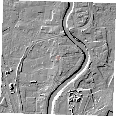 Shaded relief map of the ground around PE218TR, computed from Environment Agency LiDAR. The ground here sits at about 5 m above sea level and falls 11 m across the surrounding 800 m. Surface water reaching this point runs off ground lying to the north-north-east, 0.9 m higher.