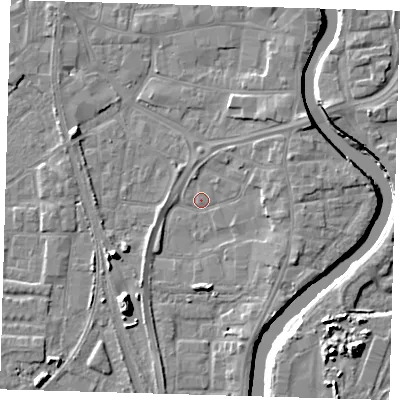 Shaded relief map of the ground around PE218TS, computed from Environment Agency LiDAR. The ground here sits at about 3 m above sea level and falls 11 m across the surrounding 800 m. Surface water reaching this point runs off ground lying to the east-north-east, 3.8 m higher.