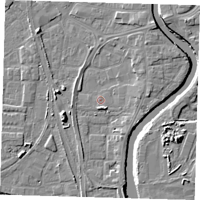 Shaded relief map of the ground around PE218TT, computed from Environment Agency LiDAR. The ground here sits at about 4 m above sea level and falls 11 m across the surrounding 800 m. Surface water reaching this point runs off ground lying to the south-south-east, 3.4 m higher.