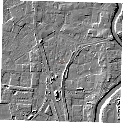 Shaded relief map of the ground around PE218TU, computed from Environment Agency LiDAR. The ground here sits at about 3 m above sea level and falls 11 m across the surrounding 800 m. Surface water reaching this point runs off ground lying to the south, 8.1 m higher.
