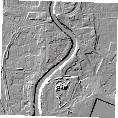 Shaded relief map of the ground around PE218TW, computed from Environment Agency LiDAR. The ground here sits at about 5 m above sea level and falls 10 m across the surrounding 800 m. Surface water reaching this point runs off ground lying to the west-south-west, 6.6 m higher.