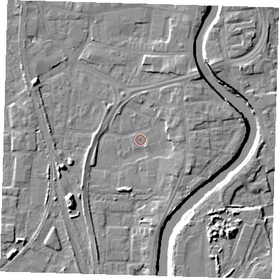 Shaded relief map of the ground around PE218UA, computed from Environment Agency LiDAR. The ground here sits at about 3 m above sea level and falls 11 m across the surrounding 800 m. Surface water reaching this point runs off ground lying to the south, 3.5 m higher.