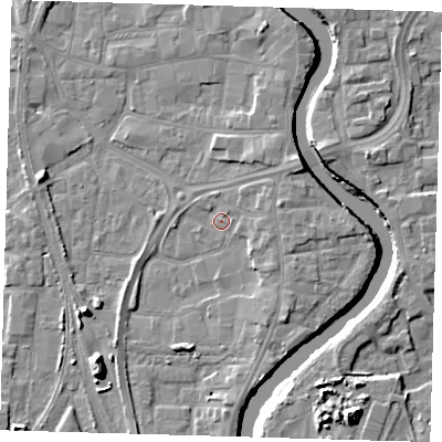 Shaded relief map of the ground around PE218UD, computed from Environment Agency LiDAR. The ground here sits at about 4 m above sea level and falls 11 m across the surrounding 800 m. Surface water reaching this point runs off ground lying to the east-north-east, 3.3 m higher.