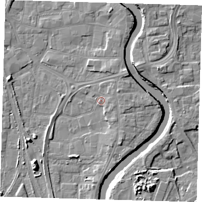 Shaded relief map of the ground around PE218UE, computed from Environment Agency LiDAR. The ground here sits at about 4 m above sea level and falls 11 m across the surrounding 800 m. Surface water reaching this point runs off ground lying to the east-north-east, 2.8 m higher.