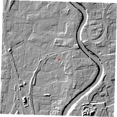 Shaded relief map of the ground around PE218UF, computed from Environment Agency LiDAR. The ground here sits at about 4 m above sea level and falls 11 m across the surrounding 800 m. Surface water reaching this point runs off ground lying to the east, 3.2 m higher.