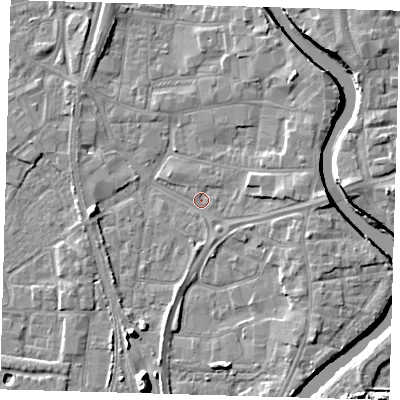 Shaded relief map of the ground around PE218UJ, computed from Environment Agency LiDAR. The ground here sits at about 3 m above sea level and falls 11 m across the surrounding 800 m. Surface water reaching this point runs off ground lying to the east, 4.3 m higher.