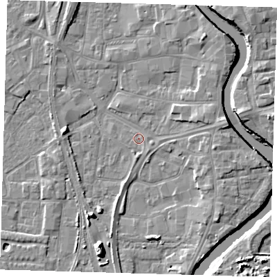 Shaded relief map of the ground around PE218UP, computed from Environment Agency LiDAR. The ground here sits at about 3 m above sea level and falls 11 m across the surrounding 800 m. Surface water reaching this point runs off ground lying to the south-east, 1.2 m higher.