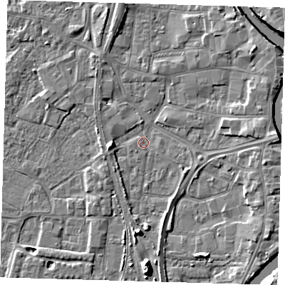 Shaded relief map of the ground around PE218UR, computed from Environment Agency LiDAR. The ground here sits at about 3 m above sea level and falls 11 m across the surrounding 800 m. Surface water reaching this point runs off ground lying to the south, 8.2 m higher.