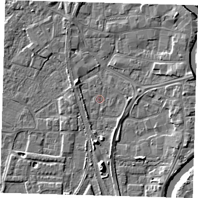 Shaded relief map of the ground around PE218UU, computed from Environment Agency LiDAR. The ground here sits at about 3 m above sea level and falls 11 m across the surrounding 800 m. Surface water reaching this point runs off ground lying to the south, 8.2 m higher.