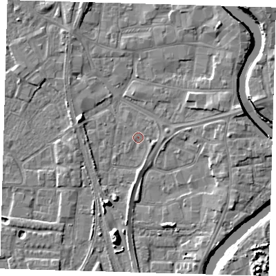 Shaded relief map of the ground around PE218UW, computed from Environment Agency LiDAR. The ground here sits at about 3 m above sea level and falls 11 m across the surrounding 800 m. Surface water reaching this point runs off ground lying to the south-south-west, 8.2 m higher.