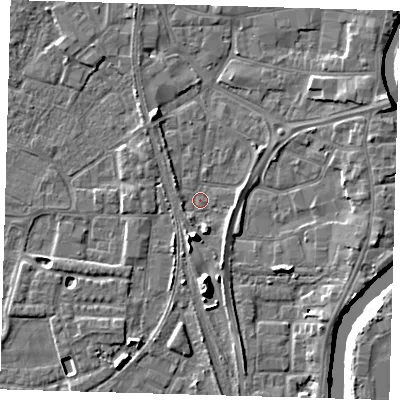 Shaded relief map of the ground around PE218UX, computed from Environment Agency LiDAR. The ground here sits at about 3 m above sea level and falls 11 m across the surrounding 800 m. Surface water reaching this point runs off ground lying to the south, 8.1 m higher.