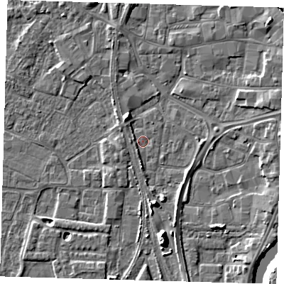 Shaded relief map of the ground around PE218UY, computed from Environment Agency LiDAR. The ground here sits at about 3 m above sea level and falls 11 m across the surrounding 800 m. Surface water reaching this point runs off ground lying to the south-south-east, 8.2 m higher.
