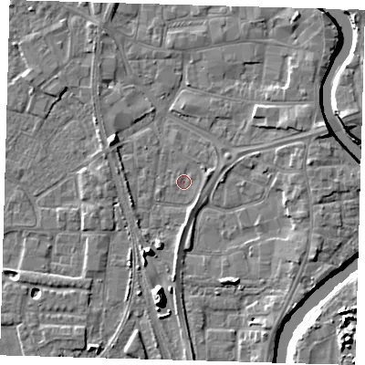 Shaded relief map of the ground around PE218WB, computed from Environment Agency LiDAR. The ground here sits at about 3 m above sea level and falls 11 m across the surrounding 800 m. Surface water reaching this point runs off ground lying to the south, 8.1 m higher.