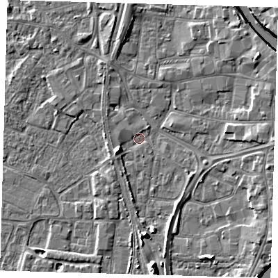 Shaded relief map of the ground around PE218XA, computed from Environment Agency LiDAR. The ground here sits at about 3 m above sea level and falls 11 m across the surrounding 800 m. Surface water reaching this point runs off ground lying to the south, 8.2 m higher.