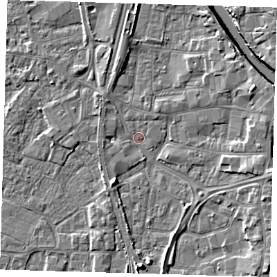 Shaded relief map of the ground around PE218XB, computed from Environment Agency LiDAR. The ground here sits at about 3 m above sea level and falls 8 m across the surrounding 800 m. Surface water reaching this point runs off ground lying to the south, 5.5 m higher.