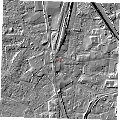 Shaded relief map of the ground around PE218XD, computed from Environment Agency LiDAR. The ground here sits at about 3 m above sea level and falls 6 m across the surrounding 800 m. Surface water reaching this point runs off ground lying to the north-west, 0.9 m higher.