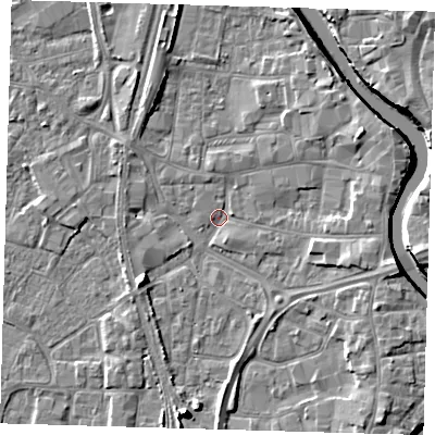 Shaded relief map of the ground around PE218XF, computed from Environment Agency LiDAR. The ground here sits at about 3 m above sea level and falls 8 m across the surrounding 800 m. Surface water reaching this point runs off ground lying to the south, 5.7 m higher.