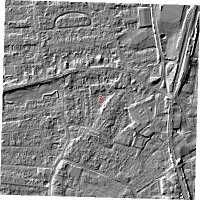 Shaded relief map of the ground around PE218XG, computed from Environment Agency LiDAR. The ground here sits at about 2 m above sea level and falls 5 m across the surrounding 800 m. Surface water reaching this point runs off ground lying to the east-north-east, 3.2 m higher.