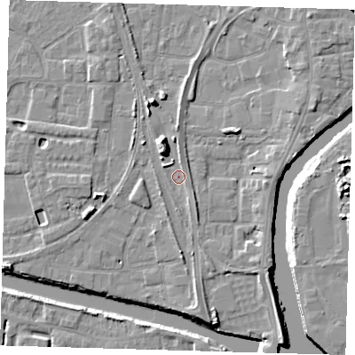 Shaded relief map of the ground around PE218XL, computed from Environment Agency LiDAR. The ground here sits at about 4 m above sea level and falls 11 m across the surrounding 800 m. Surface water reaching this point runs off ground lying to the south-east, 2.3 m higher.