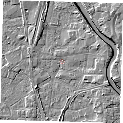 Shaded relief map of the ground around PE218XQ, computed from Environment Agency LiDAR. The ground here sits at about 3 m above sea level and falls 7 m across the surrounding 800 m. Surface water reaching this point runs off ground lying to the east, 3.4 m higher.