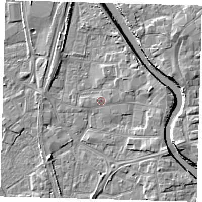 Shaded relief map of the ground around PE218XT, computed from Environment Agency LiDAR. The ground here sits at about 4 m above sea level and falls 7 m across the surrounding 800 m. Surface water reaching this point runs off ground lying to the east-north-east, 3.5 m higher.