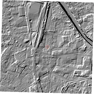 Shaded relief map of the ground around PE218XX, computed from Environment Agency LiDAR. The ground here sits at about 3 m above sea level and falls 6 m across the surrounding 800 m. Surface water reaching this point runs off ground lying to the east, 4.3 m higher.