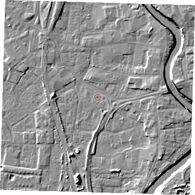 Shaded relief map of the ground around PE218XY, computed from Environment Agency LiDAR. The ground here sits at about 3 m above sea level and falls 11 m across the surrounding 800 m. Surface water reaching this point runs off ground lying to the east, 4.3 m higher.