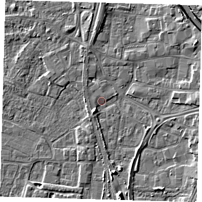Shaded relief map of the ground around PE218XZ, computed from Environment Agency LiDAR. The ground here sits at about 3 m above sea level and falls 10 m across the surrounding 800 m. Surface water reaching this point runs off ground lying to the south, 8.2 m higher.