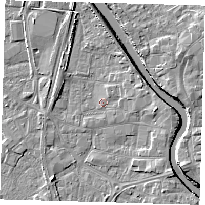 Shaded relief map of the ground around PE218YB, computed from Environment Agency LiDAR. The ground here sits at about 4 m above sea level and falls 7 m across the surrounding 800 m. Surface water reaching this point runs off ground lying to the east, 2.6 m higher.