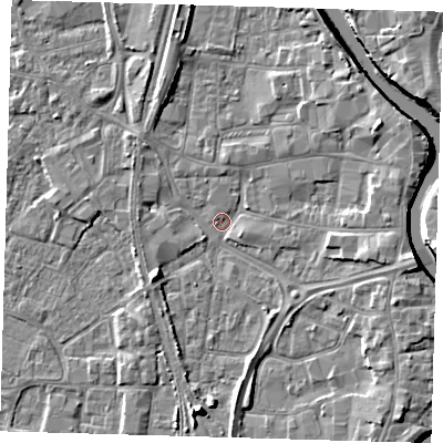 Shaded relief map of the ground around PE218YD, computed from Environment Agency LiDAR. The ground here sits at about 3 m above sea level and falls 8 m across the surrounding 800 m. Surface water reaching this point runs off ground lying to the south, 5.7 m higher.