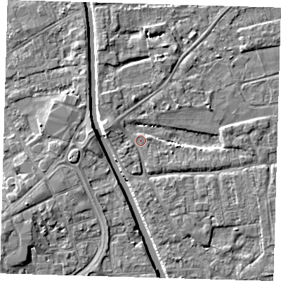 Shaded relief map of the ground around PE219AB, computed from Environment Agency LiDAR. The ground here sits at about 2 m above sea level and falls 6 m across the surrounding 800 m. Surface water reaching this point runs off ground lying to the east-north-east, 1.8 m higher.