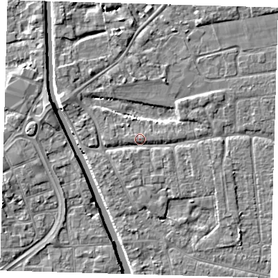 Shaded relief map of the ground around PE219AD, computed from Environment Agency LiDAR. The ground here sits at about 3 m above sea level and falls 5 m across the surrounding 800 m. Surface water reaching this point runs off ground lying to the west-north-west, 2.4 m higher.