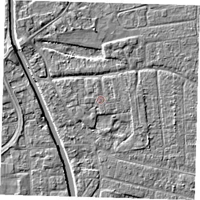 Shaded relief map of the ground around PE219AE, computed from Environment Agency LiDAR. The ground here sits at about 3 m above sea level and falls 4 m across the surrounding 800 m. The ground contributing surface water to this point lies to the east.